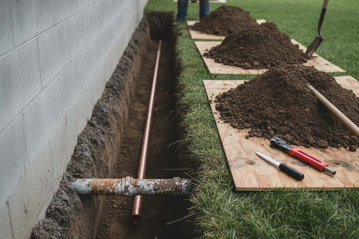 Excavated water line trench during Water Heater Repair in Onward